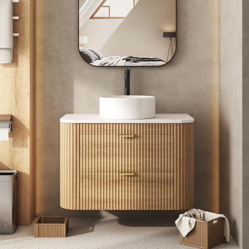 30 Inch Bathroom Vanity with Sink, Floating Vanity with Ceramic Sink Combo, Fluted Bathroom Vanity with 2 Storage Drawers, Modern Wall Mounted Cabinet, Marble Look Wooden Tabletop, Natural Wood Grain