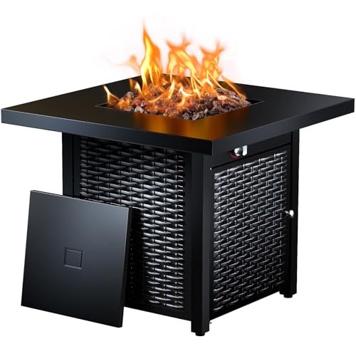 Ciays 28 Inch Propane Fire Pit CSA-Listed Outdoor Fire Pit Table, 50,000 BTU Steel Gas Fire Pits with Lid and Lava Rock, Add Warmth and Ambience to Parties On Patio Deck Garden,Black,CIFPT3-N1