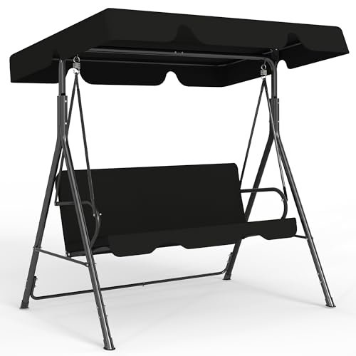 Murago Outdoor Patio Swing Chair with Adjustable Canopy, Outdoor Patio Glider Swing with Heavy Duty Stand for 3 Adult Persons, Ideal for Deck, Lawn, Backyard, or Porch, Black