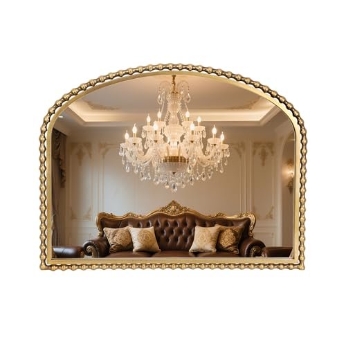 CAVINHOME 36x28 Inch Wide Arched Wall Mirror with Bold Antique Gold Beaded Frame, Decorative Mantel Mirror for Fireplace or Entryway, Horizontal Hanging Statement Mirror for Living Room Wall Decor