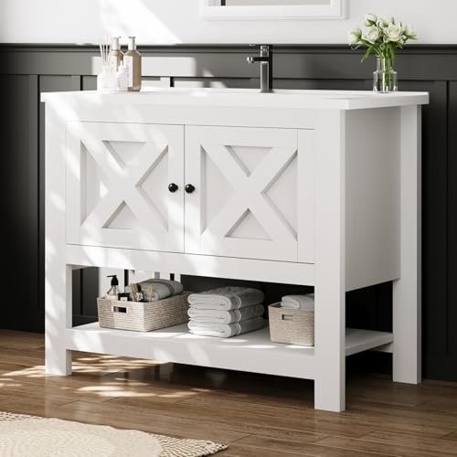 4ever2buy 36 Inch Bathroom Vanity with Sink, Farmhouse Bathroom Vanity with Storage, White Bathroom Cabinet with Ceramic Sink, 2 Doors and Open Shelf, White
