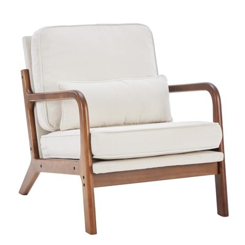 DUMOS Mid Century Modern Chair, Accent Chair with Arms and Waist Cushion, Reading Chairs for Adults, Lounge Chair for Living Room and Bedroom, Solid Wooden Frame, Cream