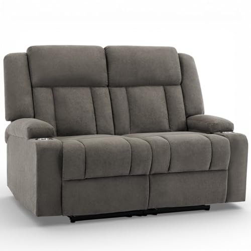 AIWOEN Manual Recliner Loveseat with Cup Holders, 2-Seater Fabric Reclining Sofa, Compact Wall Hugger Couch for RV, Small Living Room & Home Theater, Brown