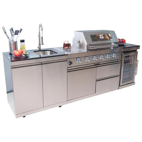 ChiefCarOfficer BBQ Island Outdoor Kitchen Kits, 4-Burner 72000 BTU Stainless Steel Modular 98 Inch Natural Gas Outdoor Kitchen Bar Barbecue Island Grill with Refrigerator and Sink for Patio Backyard