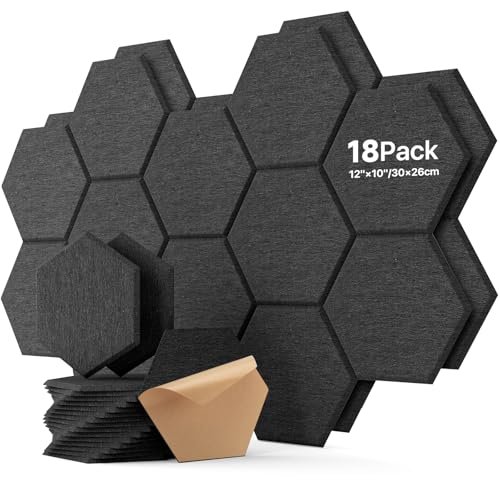18 Pack Hexagon Acoustic Panels, Self-Adhesive Soundproof Wall Panels, High Density Acoustic Wall Panels, Sound Proofing Panels for Walls, Office, Recording Studio, Ceiling 12" X 10" X 0.4" Black