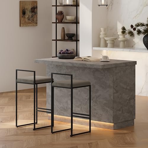 homary 50" Japandi Kitchen Island with Storage, Gray Wood Island with LED Light Countertop with Drawers & Wine Rack