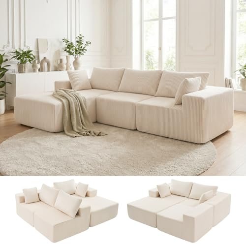 DUMOS 108" Boneless Couch, Cloud Sectional Couch with L-Shape Chaise, Modular Sectional Sofa with Deep Seat, Upholstered Couch for Living Room Bedroom, No Assembly Required (Beige, Left Facing Chaise)