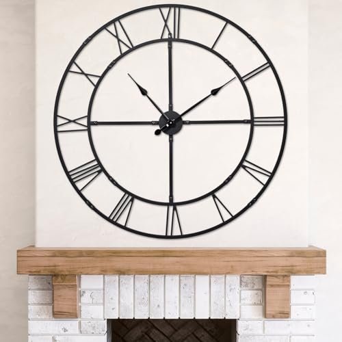 Ohweog Extra Large 40 Inch Knocked-Down (KD) Wall Clock for Living Room Decor – Silent Non-Ticking Modern Farmhouse Wall Clock, Oversized Decorative Metal Roman Numeral Clock, Black