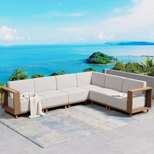 SUNSHINE VALLEY Patio Sectional Furniture, Outdoor Yellow Rattan Wicker Sofa with 10''Ultra-Thick Cushions, L Shaped Modular Patio Conversation Set, Low Profile Lawn Garden Backyard Couch Set