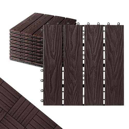 ShunHong Polymer Composite Interlocking Deck Tiles Outdoor,12x12 Thick Composite Patio Floor Tiles Decking Boards for All Weather Use,Waterproof, Poolside,Balcony,Patio(9Pcs,Coffee,9 sqft)