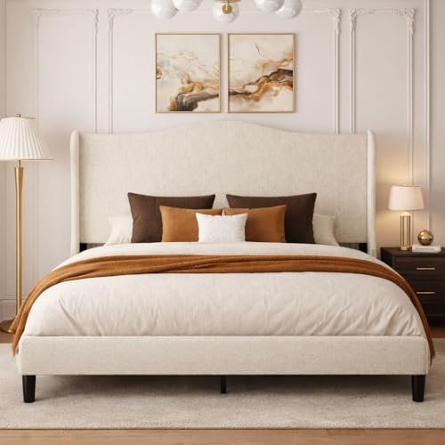SAMTRA King Bed Frame with Extra Tall 55.5" Wingback Headboard, White Boucle Upholstered Platform Bed Frame, Modern Cloud Bed, Noise-Free, Metal Slats Support, No Box Spring Needed
