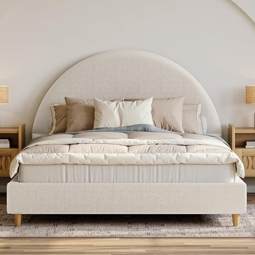 DG Casa Boucle Cloud Bed Frame with Arch Shaped Headboard, Upholstered in Soft Fabric, Platform Bed Frame with Solid Wood Legs - Boho or Modern Style - No Box Spring Needed - Full Size