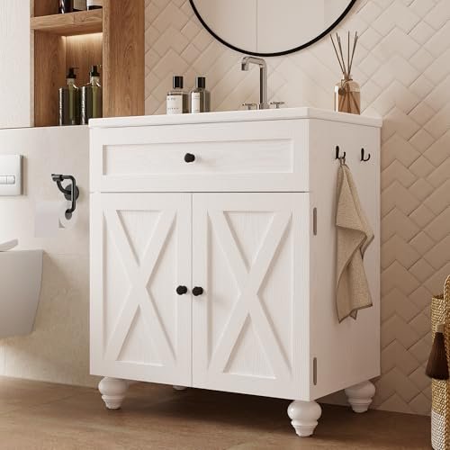 ModernMate 30 Inch Bathroom Vanity with Sink Easy-to-Install Farmhouse Bathroom Sink 2-Tier Storage Areas with Adjustable Shelves 4-Tier Storage Compartments Tip-Out Drawer 2 Hooks Solid Wood Legs