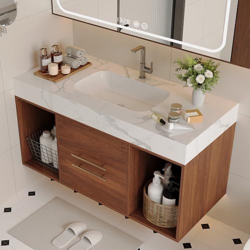 Acarra 39.4" Floating Bathroom Vanity with Ceramic Sink & White Sintered Stone Top, Wall Mounted Bathroom Storage Cabinet with 2 Soft-Close Drawers & Open Shelves, Mid-Century Modern, Walnut