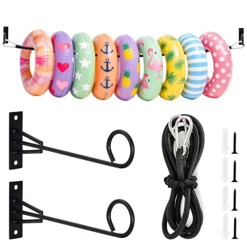 MUOUAKATE Pool Float Storage Holder, 63 Inch Wall Mount Pool Float Organizer Storage Rack with Hangers Rope for Swimming Ring, Towel, Tools & More Storage Indoor Outdoor Space-Saving