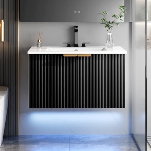 ELEVACHIC 30" Bathroom Vanity with Sink, Modern Wall Mounted Floating Vanity Cabinet, Modern Bathroom Sinks with LED Light, Metal Handle & Double Soft-Close Doors, Black