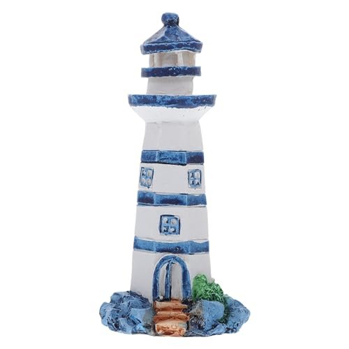 Wakauto Mini Resin Lighthouse Mediterranean Figurines Ornaments Nautical Wood Lighthouse Model Ornament for Train Railway Scenery Building Country Fish Tank Decorations Blue,3.8" Height