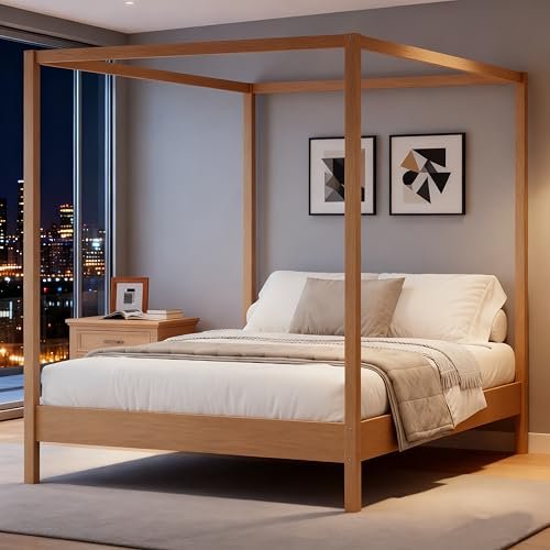 LUMISOL Canopy Bed Frame Queen Size, Solid Wood Four-Poster Platform Bed Frame with Wooden Slats Support, No Box Spring Needed, Easy Assembly, Natural