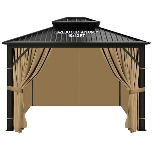slashome 10'x12' Gazebo Curtains Outdoor Waterproof, Khaki Universal Replacement Curtain 4-Panels, Sidewalls with Zipper for Garden, Patio, Yard (Only Curtains)