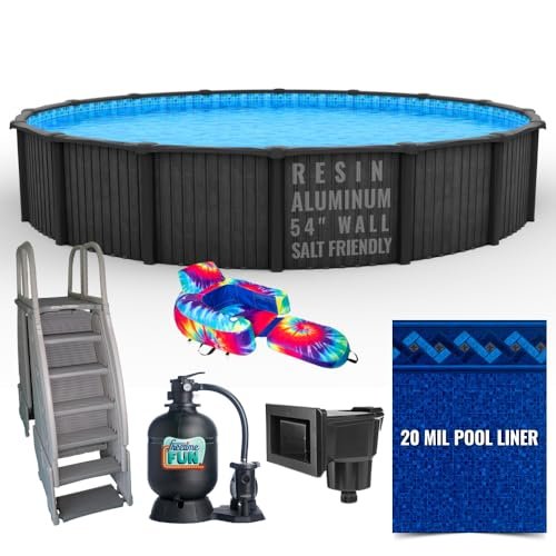 Premium 24' Round Above Ground Pool Package, 54" Salt Friendly Aluminum Wall & Resin Top Rails & Uprights. Includes Pool, Skimmer & Return, Liner, Steps, Sand & Pump Filter System Plus Pool Float