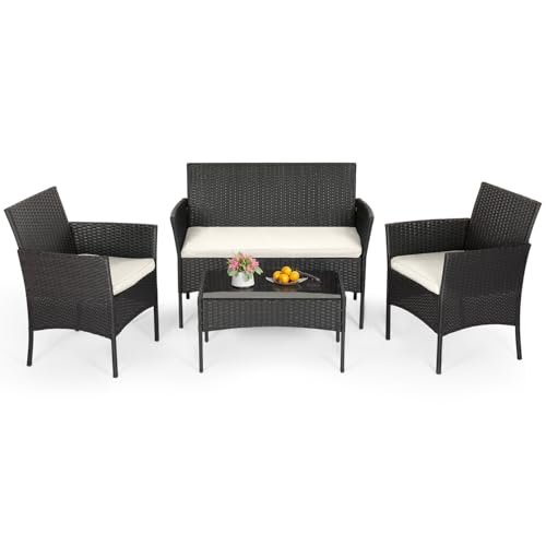 FDW | 4-Piece Patio Furniture Set | Black | Outdoor Wicker Furniture with Coffee Table | Modern Rattan Chairs Conversation Set | Outdoor Seating | Weather-Resistant | for Porch, Garden, Lawn