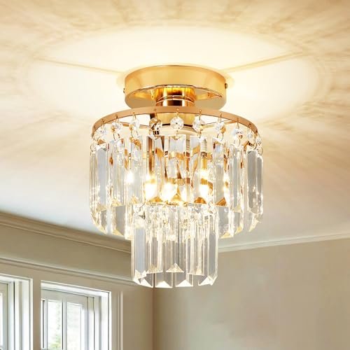 XPEHK Mini Crystal Chandelier,Gold Crystal Chandeliers,2-Tier Semi Flush Mount Chandelier Pendant Lighting Fixture for Living Room Dining Room Foyer Bedroom Hallway E26 Base