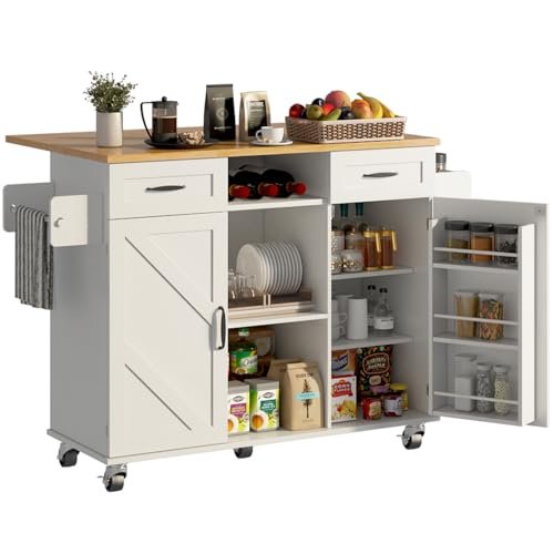 knoworld 51.5'' Rolling Kitchen Island with Storage Cabinet & Drawers, Drop Leaf Kitchen Cart on Wheels, Farmhouse Portable Mobile Islands, Large Butcher Block Table with Tower/Spice Rack, White