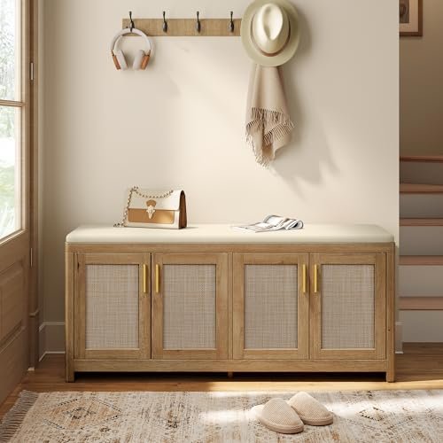 VASAGLE ELLAN Collection - Boho Shoe Bench with Cushion, Entryway Storage Bench with 4 Rattan-Look Cabinet Doors, Rounded Corners, Adjustable Shelf, for Bedroom Under Window, Natural Brown ULSB502KC01