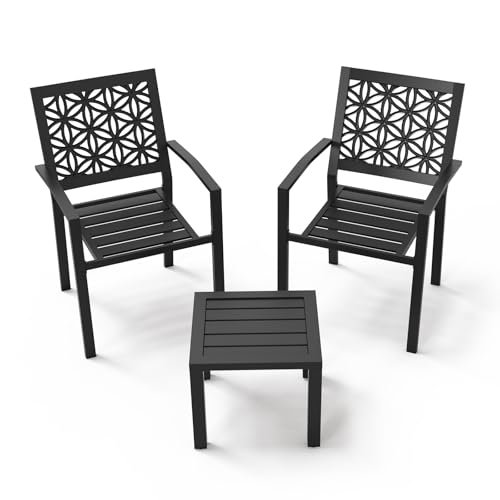 VINGLI 3-Piece Outdoor Bistro Set, Stackable Modern Metal Steel Table and Chairs with Rust-Resistant Coating, Small Patio Furniture Conversation Set for Porch, Deck, Balcony, Garden, Black