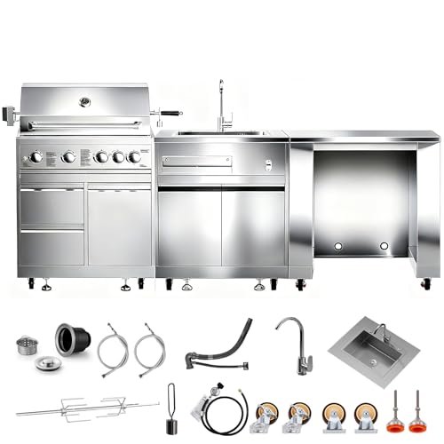 BODEGA Stainless Steel Commercial Kitchen Sinks Cabinet and Outdoor Kitchen Cabinet for Refrigerator Combo, 30 Inch Propane Gas Grill With Rotisserie Chicken Fork Kit & Spice-Rack,For Home,kitchen,RV.