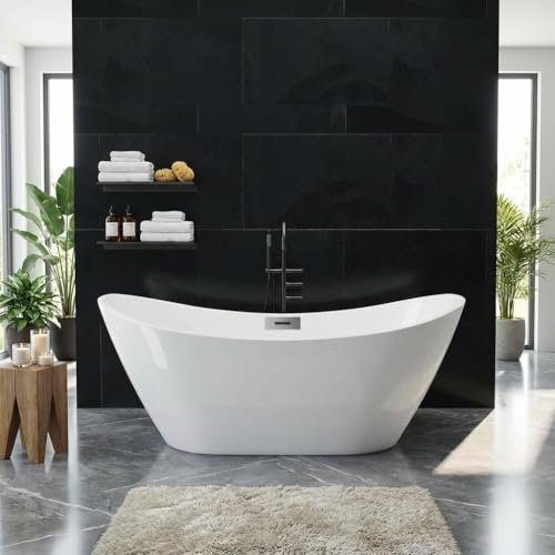 59" Freestanding Acrylic Bathtub, Deep Soaking Tub with Non-Slip Base, cUPC Certified, Chrome Pop-Up Drain and Overflow, White