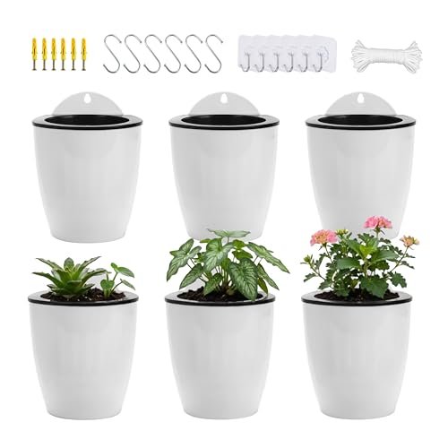 ORIMERC 6 Pack Hanging Planter Wall Planter Self Watering 5 inch Plant Pot with Hardware Vertical Planter Outdoor Indoor Plants Herb Garden Home Décor Kitchen Balcony Railing Shelf Fence (Medium)