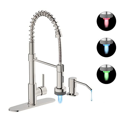 Kitchen Faucet with LED Light,Kitchen Faucet with Soap Dispenser,Faucet for Camper Farmhouse RV Kitchen Sink,Single Handle Stainless Steel Kitchen Sink Faucets with Pull Down Sprayer,Nickel Brushed