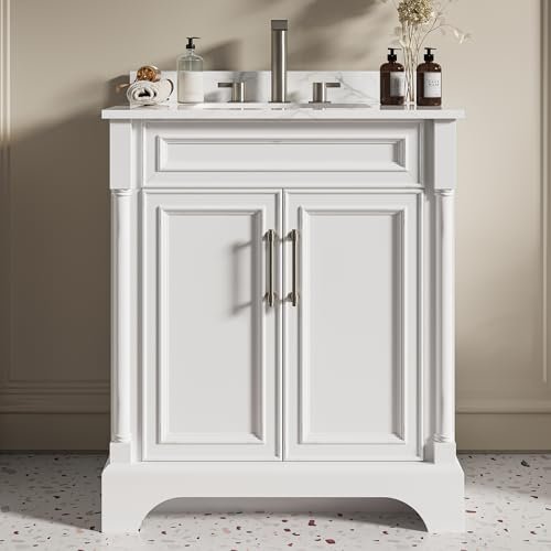 LIKIMIO 30" Bathroom Vanity with Sink, Freestanding Bathroom Vanity with 2 Soft-Close Doors, Engineered Stone Countertop & Undermount Ceramic Sink, Transitional Bathroom Vanity, Easy Assembly, White