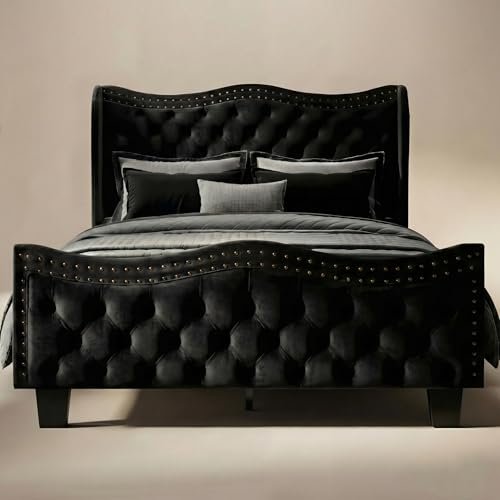 RIHHA Queen Size Bed Frame with Headboard and Footboard, Upholstered Platform Bed, with 50 Inch Tall Wingback Tufted Headboard, Jet Black Velvet Button Tufted, Sturdy/No Box Spring Needed/Noise Free