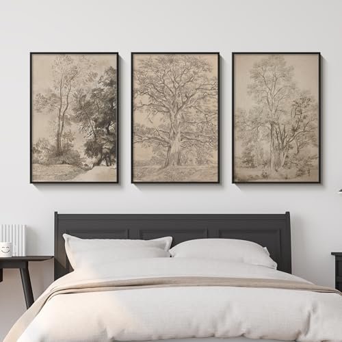 ARPEOTCY 3 Pcs Oversized Framed Canvas Wall Art, Large Vintage Wall Art for Living Room Bedroom Office, 24x36inch Sketch Forest Landscape Home Decor, Retro Rustic Farmhouse Painting