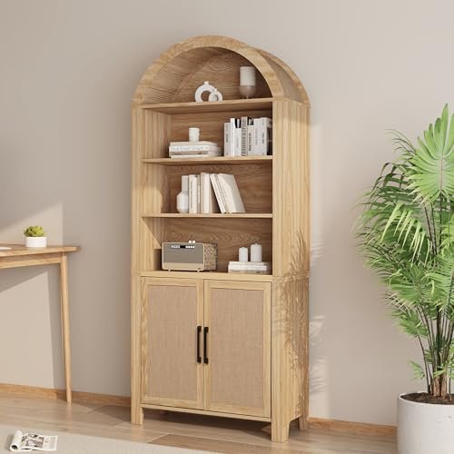 Janmer Home 71" Tall Arched Bookcase with Storage, Mid-Century Modern 6-Tier Curved Cabinet with Door, Arched Bookshelf Cabinet with Open Display Storage Shelf for Office Living Room (Natural)