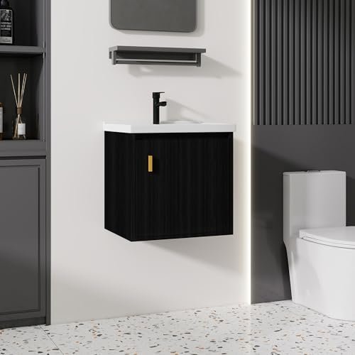 Albriya 20'' Bathroom Vanity with Ceramic Sink Combo, Wall Mounted Small Bathroom Vanity with Soft-Close Door Modern Floating Cabinet, Pop-up Drain, P-Trap Included, Black(No Faucet)