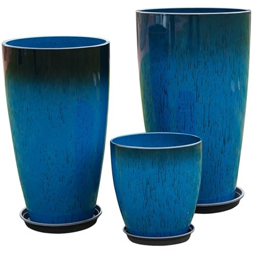 MinCHI257 24,21,11 Inch Large Plastic Planters with Drainage Hole and Saucer - Set of 3 Tall Plant Pots Indoor Flower Pot Tall Round Planters Outdoor Large Tall Planter