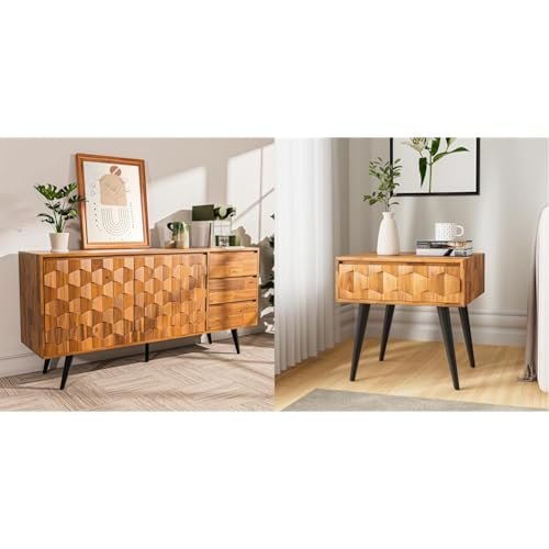 Bme 2-Piece Georgina Collection: Solid Wood Sideboard Cabinet with Geometric Pattern and Matching Nightstand Table, Mid Century Modern Furniture Set for Living Room and Bedroom, Teak Brown