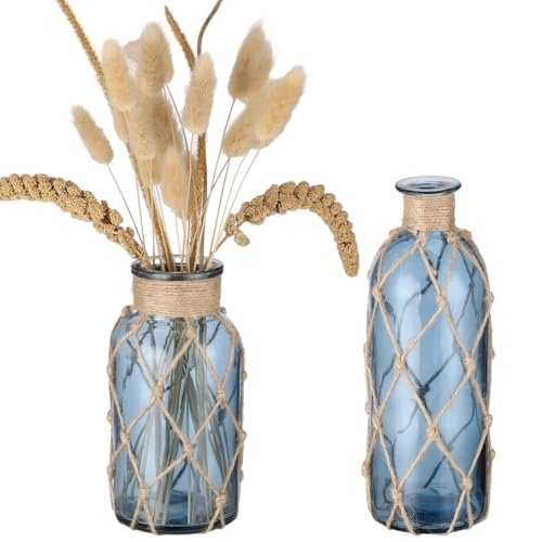 Tressify 2 Piece Glass Vases, Coastal Blue, Boho Rope Wrapping, Small Bottles For Flowers, Home Decor, And Wedding Events