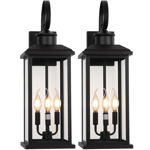 SIAFAVOI 24" Extra Large Outdoor Wall Light Fixture 2-Pack, Black 3-Light Modern Porch Lantern, Waterproof Exterior Lighting Sconce Wall, Outside Lamp for House Garage Patio E12 Base, Tempered Glass