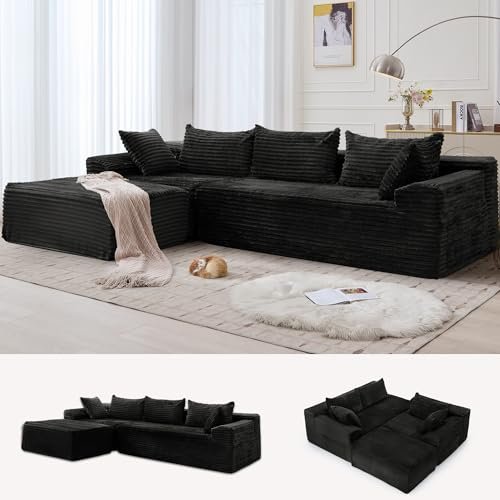 Korser 110" L-Shaped Modular Sectional Sofa with Chaise, Boneless Comfy Corduroy Fluffy Couch with Deep Seat and Side Pockets, Flexible Module Combination for Living Room, No Assembly, Side Pockets