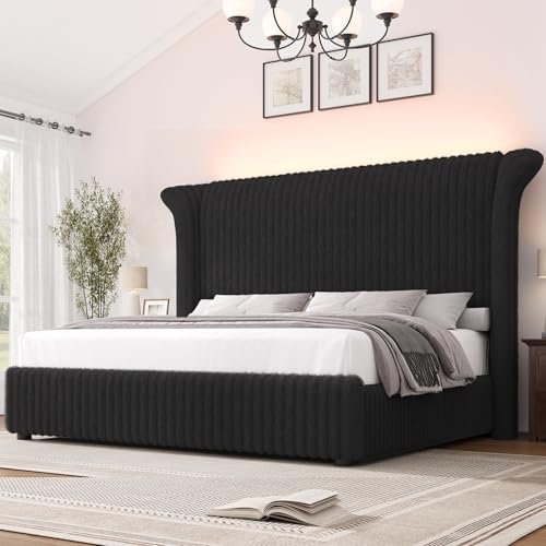 Keyluv Queen Bed Frame with 54” Tall Faux-Fur Wingback Headboard, Upholstered Platform Bed with LED Light, Mattress Foundation with Solid Wooden Slats Support, No Box Spring Needed, Noise-Free, Black