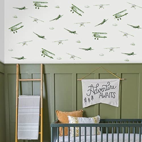 astrkiz Boy Vintage Planes Wall Decals Peel and Stick, Watercolor Green Airplane and Clouds Wall Sticker for Baby Boys Room Kids Room Playroom Gender Neutral Room Nursery Wall Art Stickers Decor