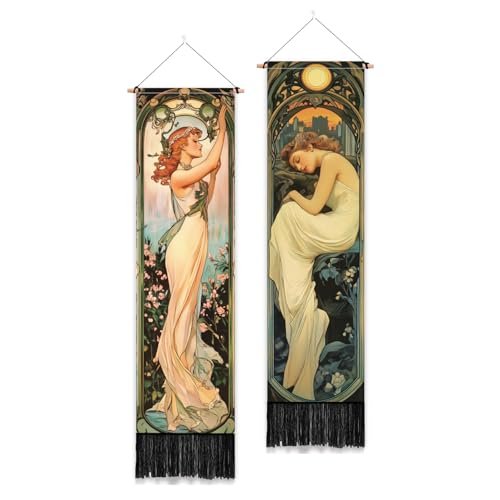 PLIGREAT 2 Pack Mucha Style Vertical Tapestry Art Nouveau Poster Aesthetic Wall Hanging for Bedroom Bathroom Living Room Vintage Long Narrow Wall Hanging Dorm Room Home Art Decor