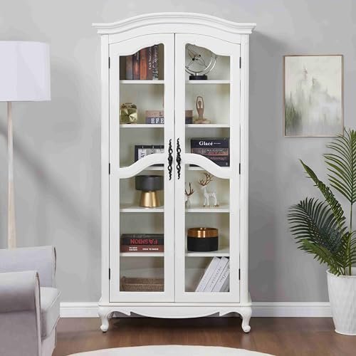 Farmhouse Arched Display Cabinet Bookcase Bookshelf with Glass Doors and Adjustable Shelves, 72" Tall 6 Tiers French Country-Inspired Wooden Curio Cabinet for Living Room, Office (Antique White)