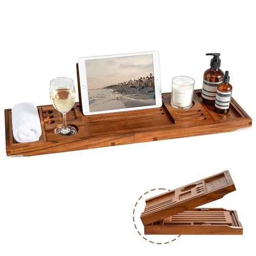 Realgulf Teak Bathtub Tray | Adjustable Width Tray with Wine Holder, Tablet/Phone & Book Stand, Splash-Proof for Bath Time- Natural