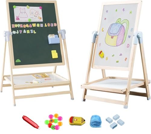 Adena Montessori Art Easel for Kids, 2 in 1 Adjustable Wooden Standing Art Easel & Toys Table Montessori Learning Furniture for 3-8 Years Old Children