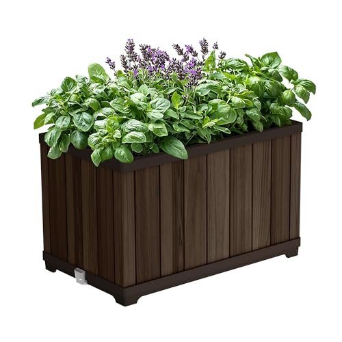 Keter Signature 21.7 Inch Tall Rectangular Large Wood Look Planter for Indoor or Outdoor Flower Pot Ideal for Patio Deck and Front Porch Decor, Rosewood